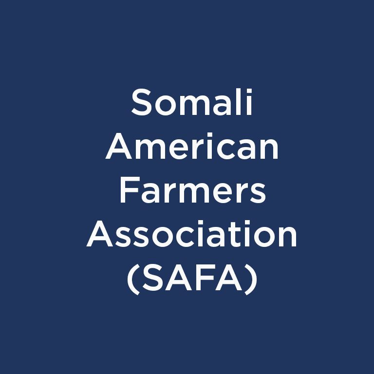 Somali American Farmers Association (SAFA) white text on blue background